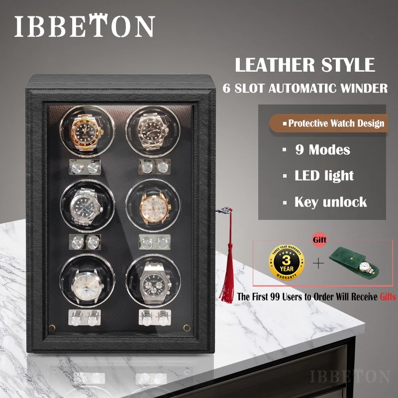 IBBETON Automatic Watch Winder 6 Slots High End Luxury Daily Idle Display Case Storage Box Organization Dustproof with Light