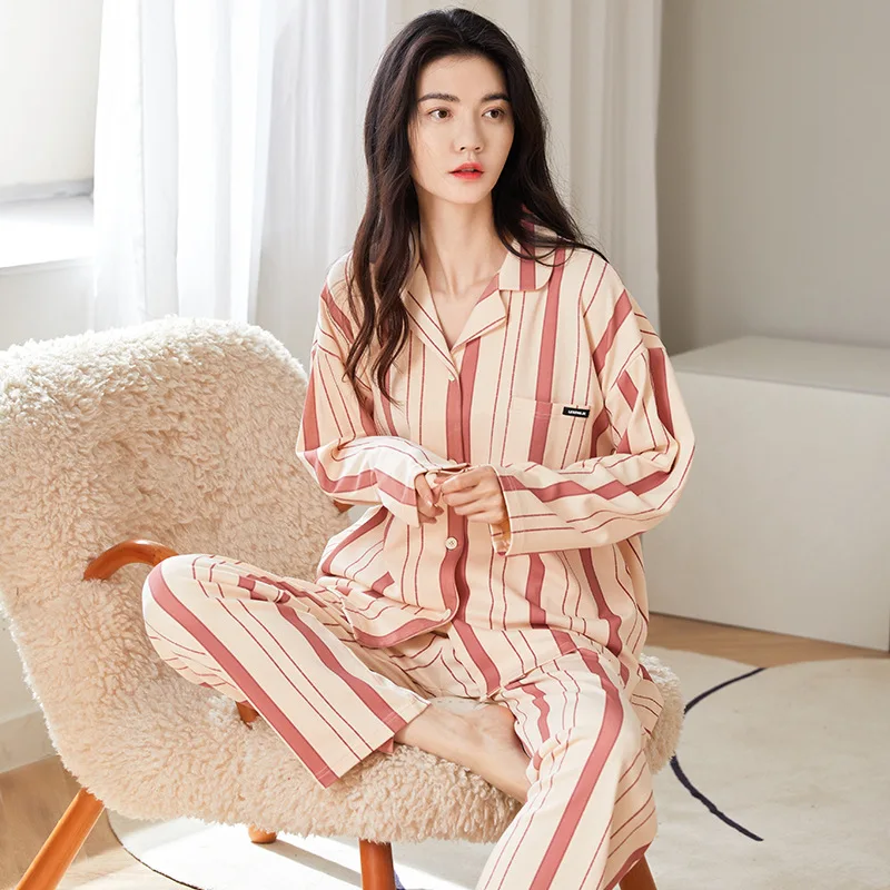 Spring Autumn Women's Pure Cotton Pajamas Lapel Long Sleeve Cardigan Pants Loose Fit Home Clothing Set Sweet Cute Sleepwear