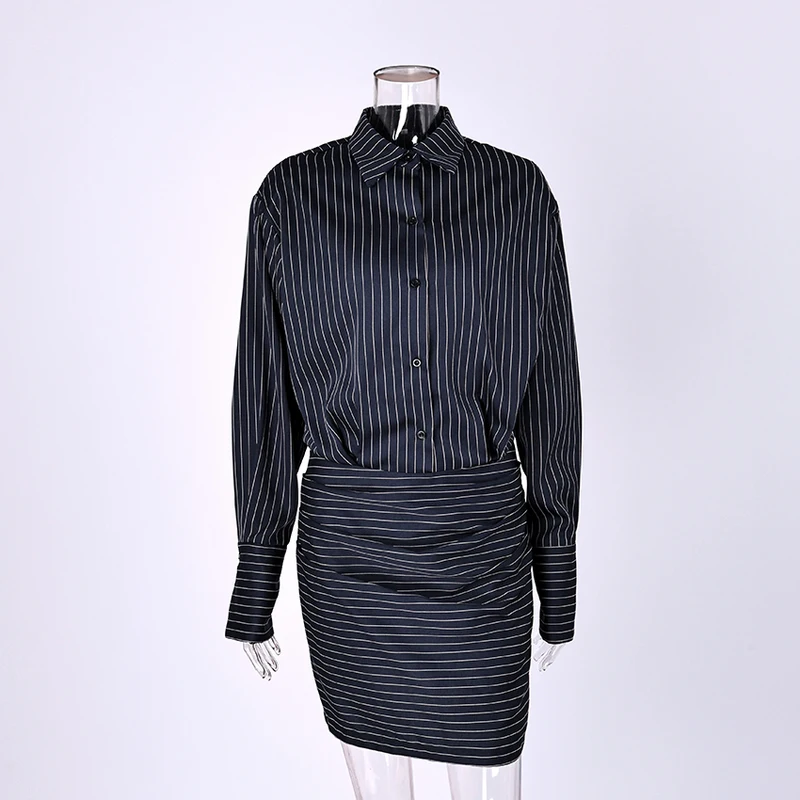 Linad Elegant High Waist Stripe Shirt Dress Women 2025 Street Chic Long Sleeve Slim Dresses Female Office Single Breasted  Dress