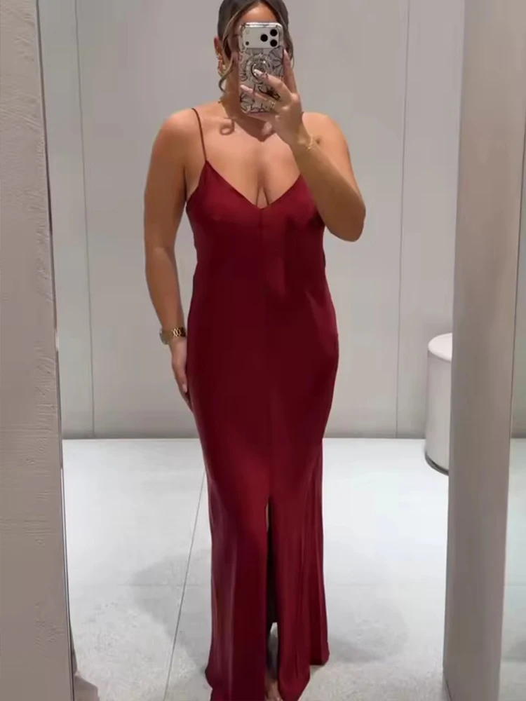 Women Summer Red Stain Sling Dress Elegant Backless Sexy Maxi Dress 2026 New Ladies Party Holiday Dresses