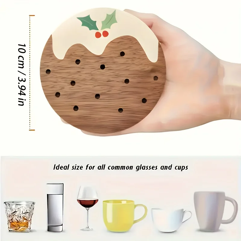4pcs Retro Wooden Coaster Cookies Pies Cartoon Pattern Anti-scald Wooden Cup Mats Home coffee Cups Decor Christmas Gift