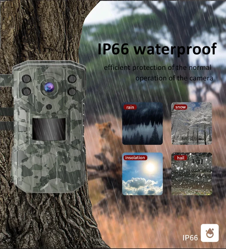 2560x1440 4G Solar Trail Camera, The ReconForce 4G Solar Trail Camera has IP66 waterproof efficiency, functioning normally in rainy, snowy, and hail conditions.