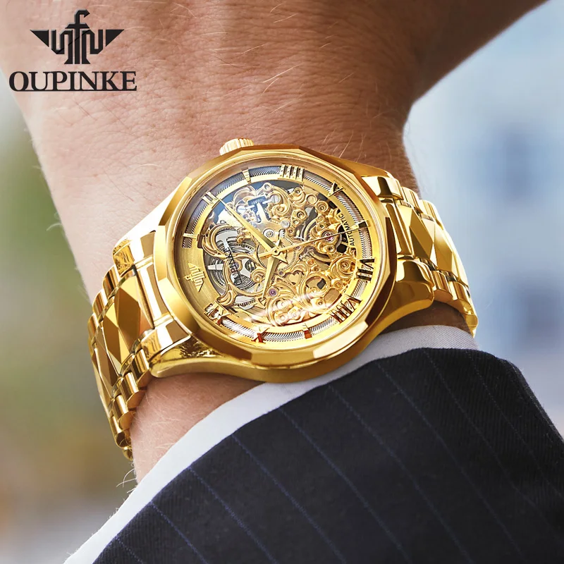 OUPINKE 3168 Luxury Mens Watches Transparent Hollow Out Tungsten steel Automatic Mechanical Watch 50m Waterproof Man Wristwatch