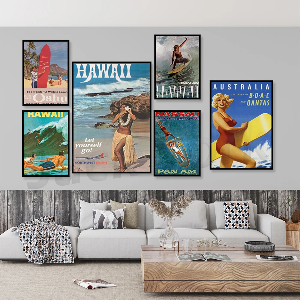 

Vintage Hawaii Travel Poster Decor Surfing Art Retro Decor Print
