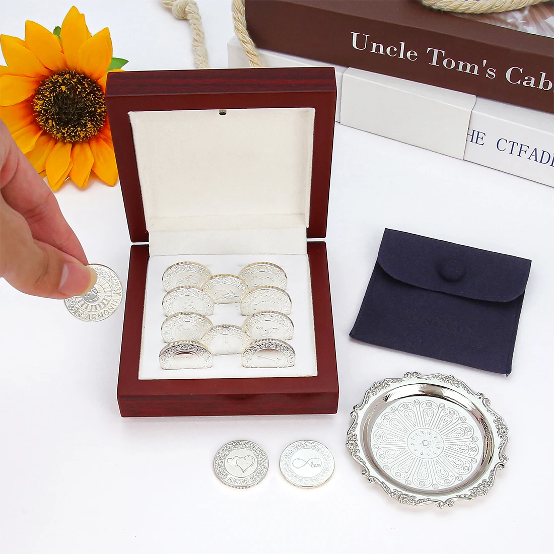Wedding Unity Coins 13 Words Las Arras para Boda Catolica, Wedding Unity Coins Set with Wooden Box,for Ceremony