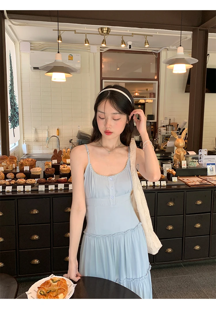 French Elegant Dresses for Women Solid Spaghetti Strap Summer New Ruffles A-line Casual Korean Chic Midi Vestidos Mujer