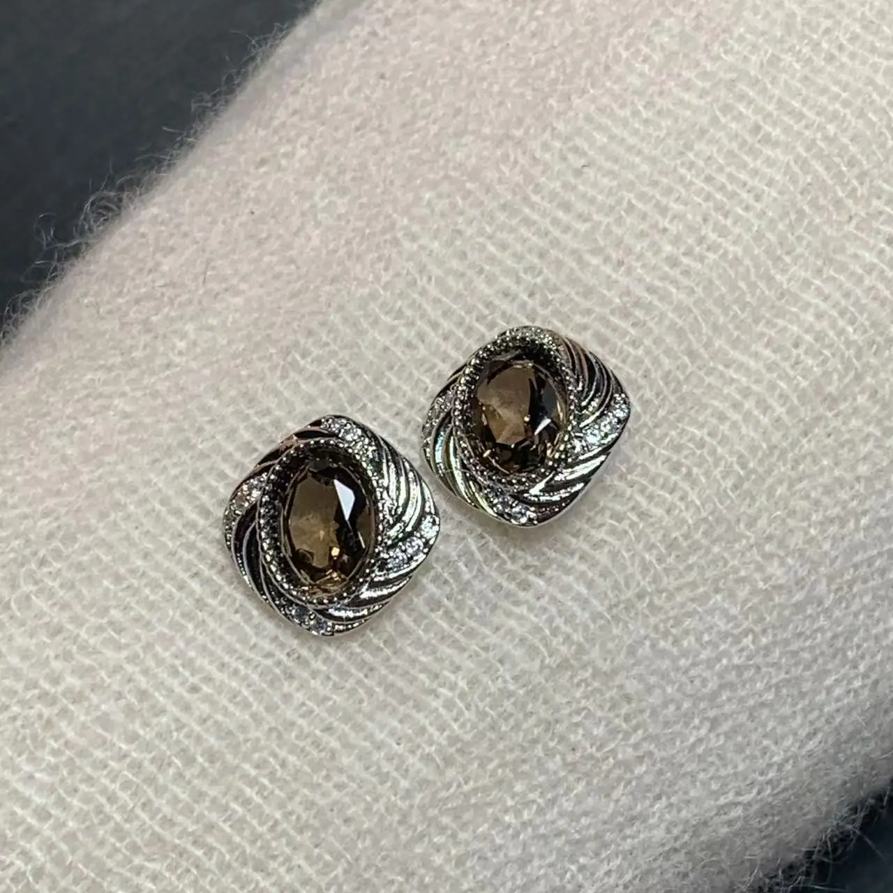 MM Natural Smoky Quartz Stud Earrings For Women Stone 925 Sterling Silver Vintage Gift Prevent Allergy Fine Jewelry