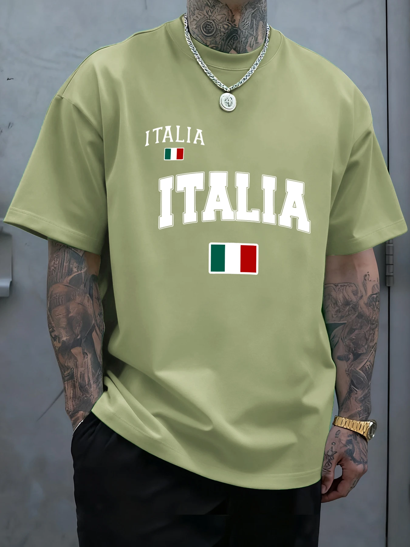 Italia italienische Flagge Druck Herren T-Shirt Sommer übergroße T-Shirts Baumwolle Mode All-Match Streetwear Rundhalsausschnitt bequemes Top – Detail 16