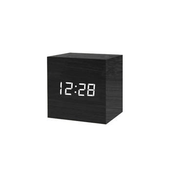 Square Digital LED Alarm Clock Wood Retro Glow Clock Desktop Table Decor Voice Control Snooze Function Desk Clock 4