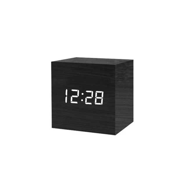 Square Digital LED Alarm Clock Wood Retro Glow Clock Desktop Table Decor Voice Control Snooze Function Desk Clock 4