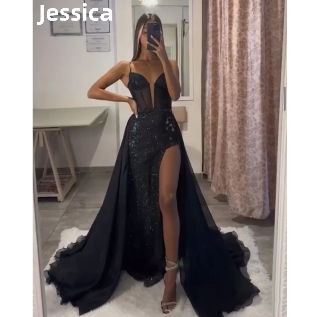 

Jessica Black Glitter Princess Prom Dressess Sexy Side Slit Prom Dress 2024Vestidos De Fiesta Tulle Cape Graduate Party Dresses