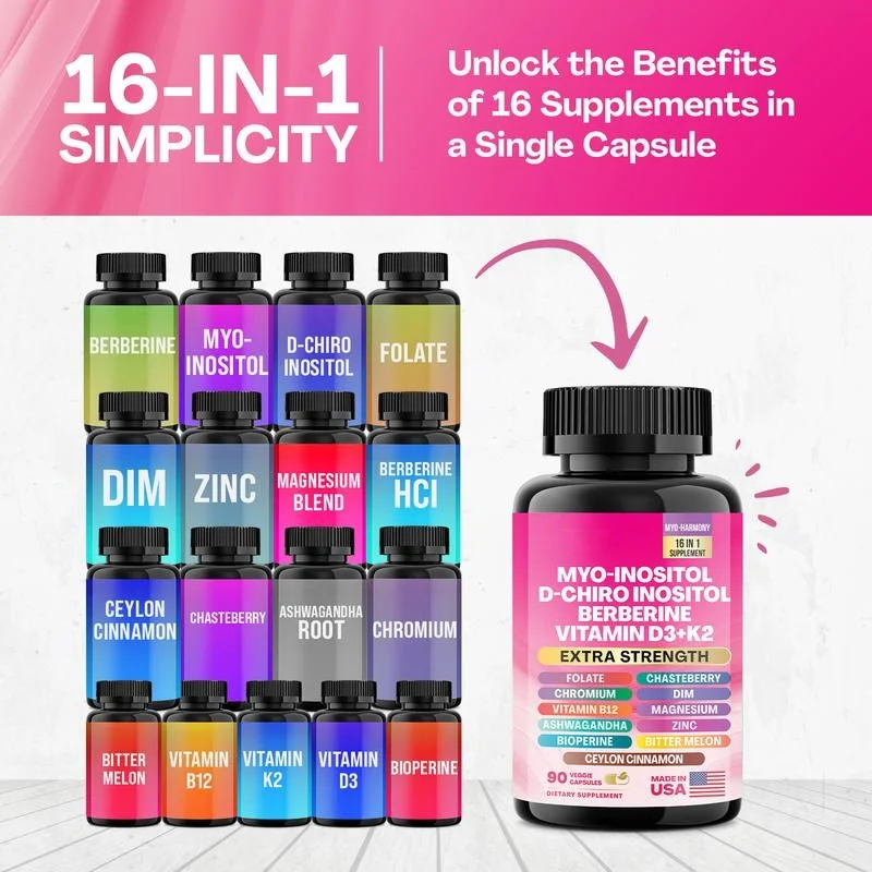 90 Capsules Myo Inositol Supplement 750mg, Berberine 500mg, D-Chiro Inositol 50mg, Folate 400mcg, Ashwagandha 100mg