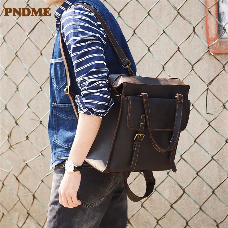 Vintage crazy horse cowhide men's briefcase outdoor travel work multifunctional handbag casual designer genuine leather backpack