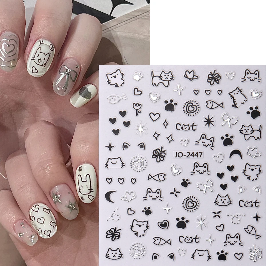 2Pcs Cartoon Cute Cat Nail Childlike Stickers Holographic Love Heart Bronzing Star Sliders Silver Chrome Nail Art Manicure Decor 5