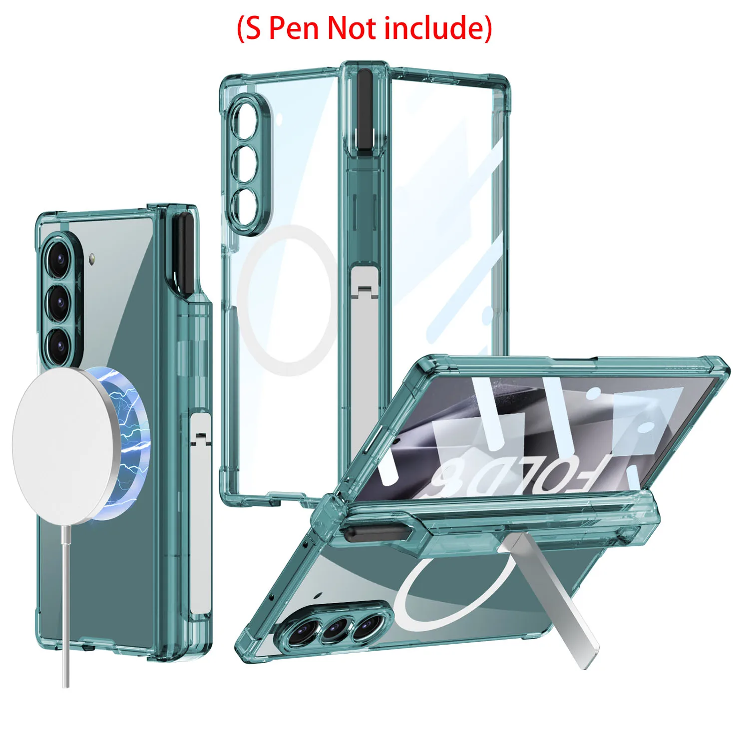 Robuste, stark sturzsichere TPU-Schutzhülle für Samsung Galaxy Z Fold 6, magnetische Aufladung, mit Telefonständer, Glasbildschirmfolie_voghion.com