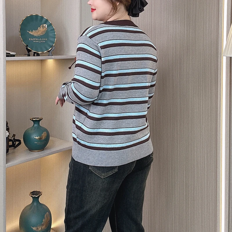 Women Plus Size Jumpers Autumn Winter Striped Knit Cardigan Loose Casual Embroidered Long Sleeve Sweater 4076