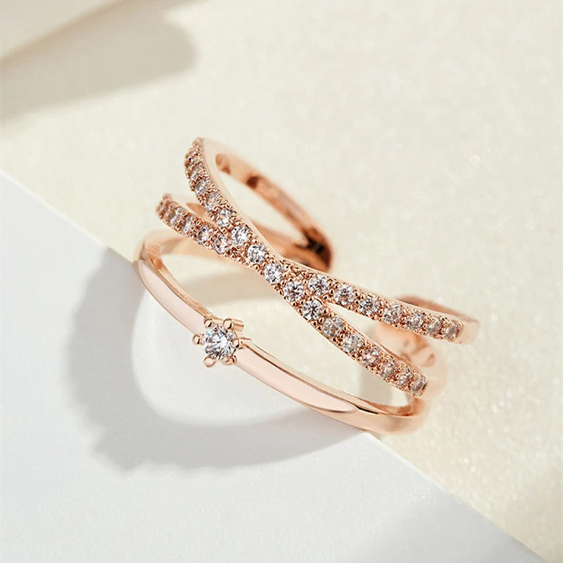 Foxanry Cross Rings for Women Girls Sparkling Zircon Lines Wedding Jewelry Gift
