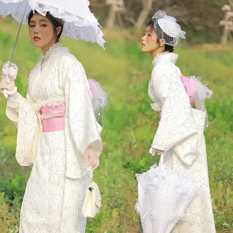 

Women Traditional Dress Long Sleeve Vintage Yukata Gown Kimono With Pink Obi Bow Photography Wear Performance Cosplay Costume