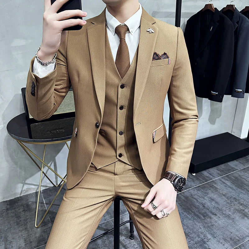 

(Jacket+Vest+Pants) Branded Clothing Men Spring High Quality Business Suits/Male Slim Fit Solid Color Casual Tuxedo Men's Dress
