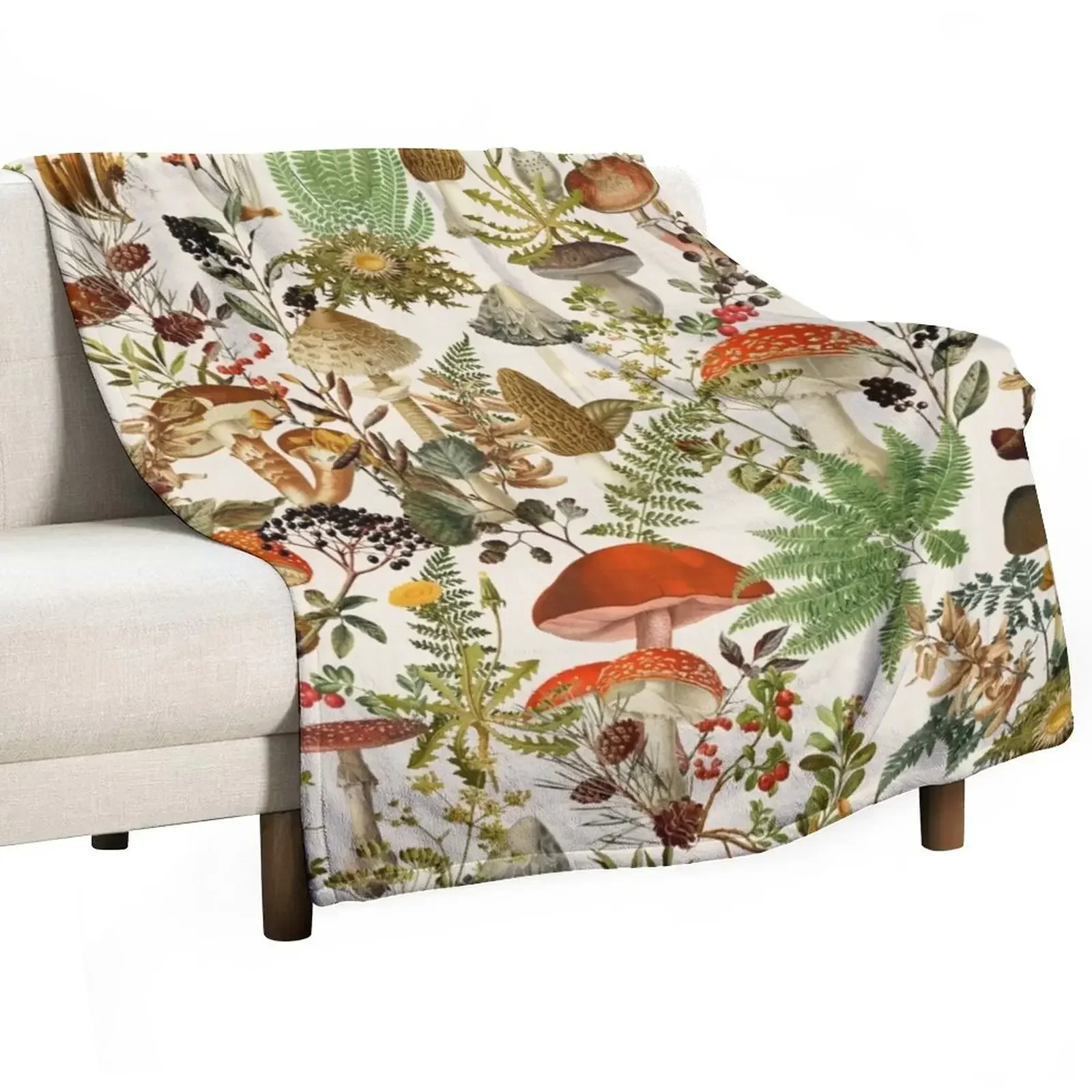 

Vintage Mushrooms Forest Botanical Pattern - beige Throw Blanket Weighted decorative Large Blankets