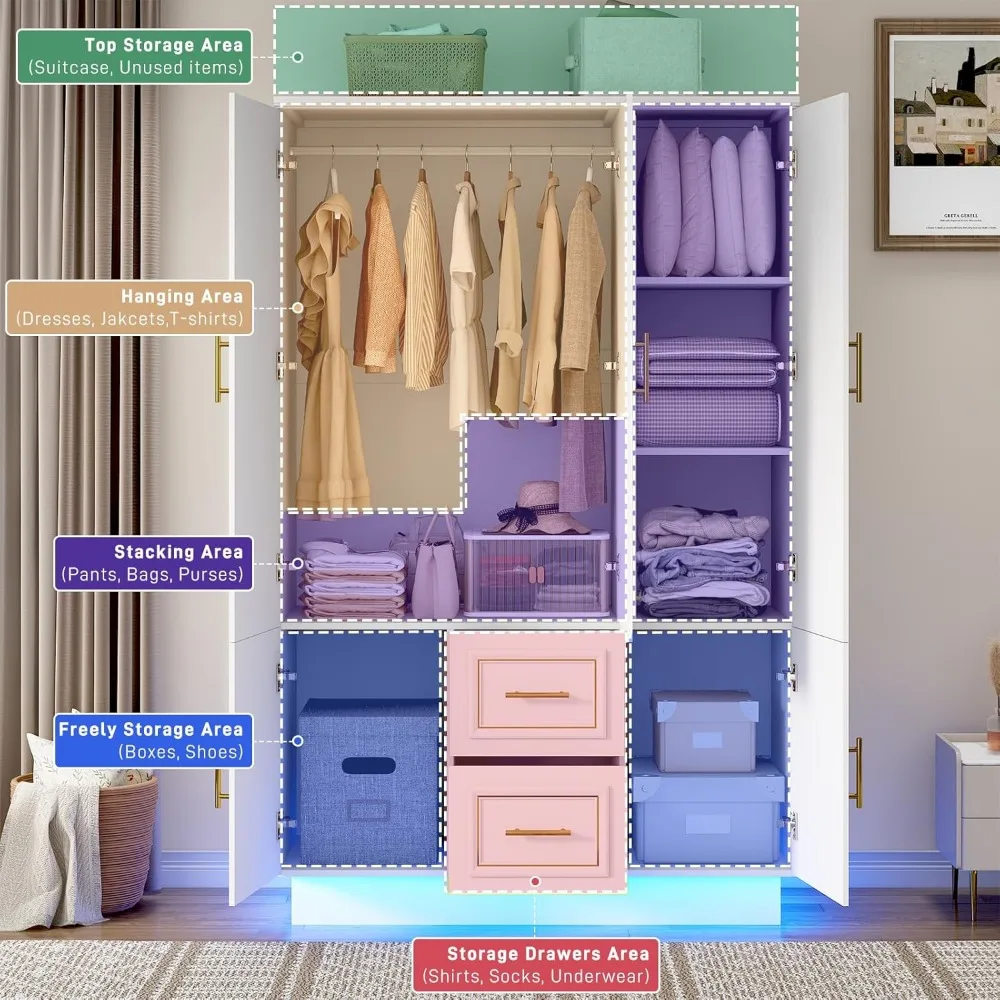 75” Tall 3 Doors Armoire Wardrobe Closet with 2 Drawers and LED Lights, Modern Closet Wardrobe Cabinet with Shelves and Hanging 3