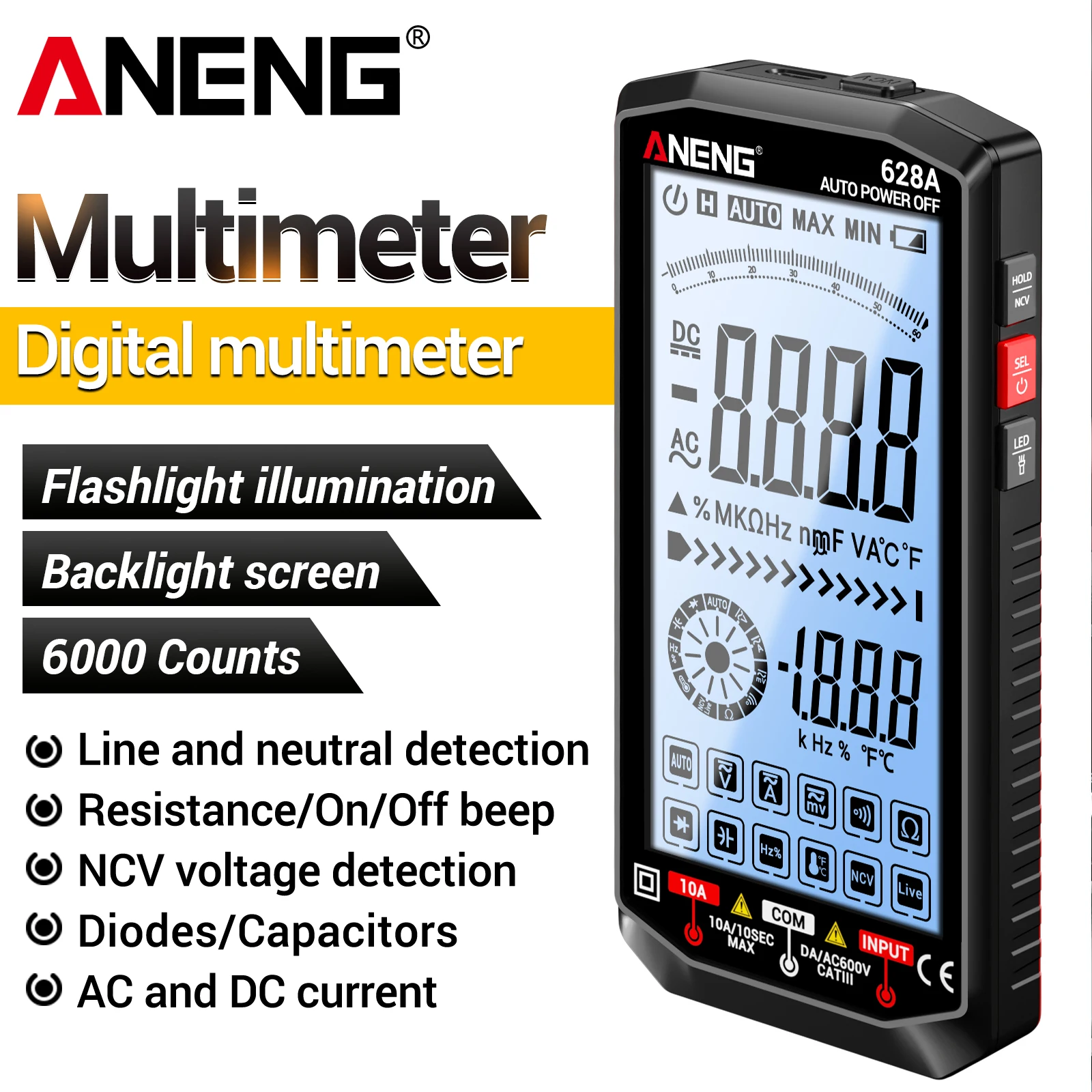 ANENG 628A 디지털 멀티미터 1000V AC/DC 전압 10A 전류 6000 카운트 온도 정전용량 주파수 측정
