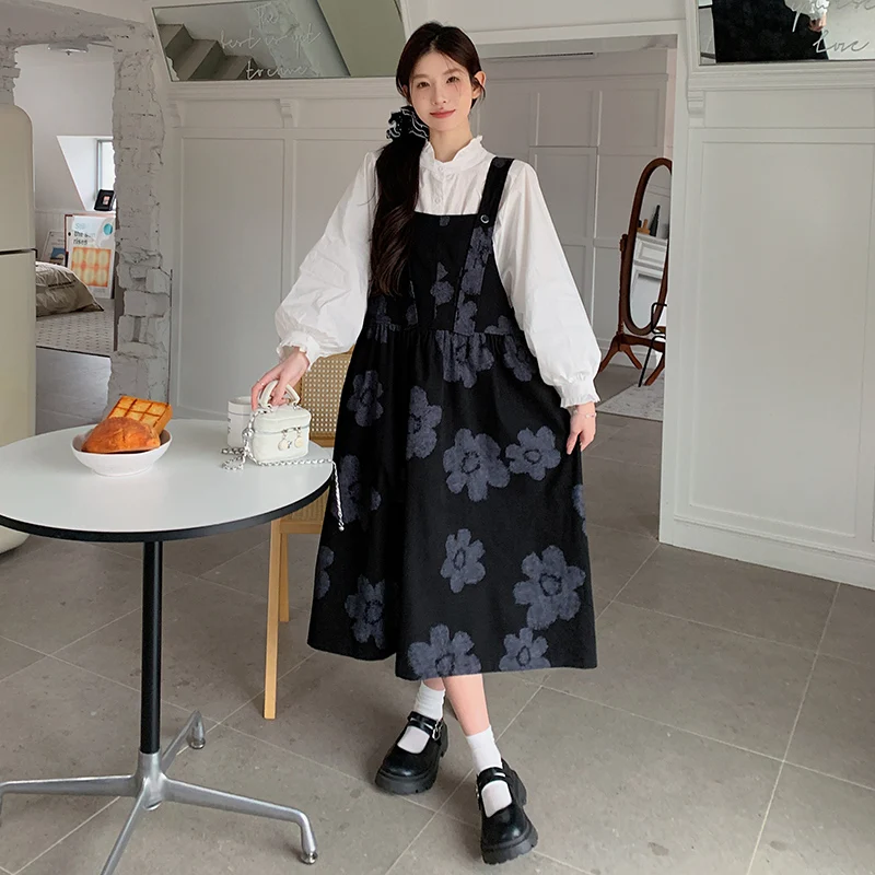 Spring Autumn Loose Maternity Dress Suits White Shirts Floral Strap Dress Twinset Plus Size Pregnant Woman Clothing Set