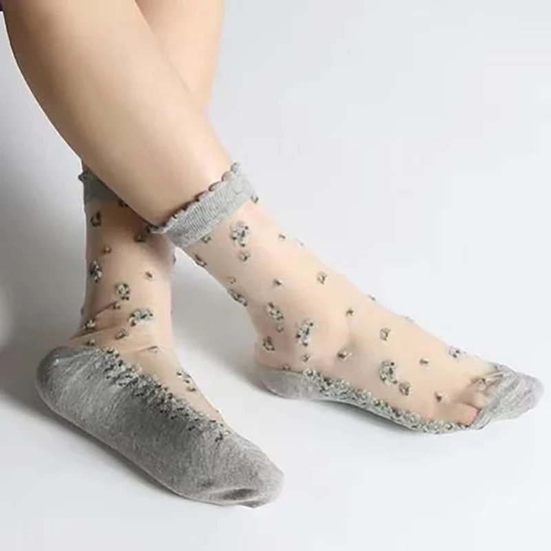 5 Pairs Women Sexy Mesh Floral Short Casual Socks Cute Ladies Transparent Summer Ultra Thin Socks Streetwear Crew Socks 5
