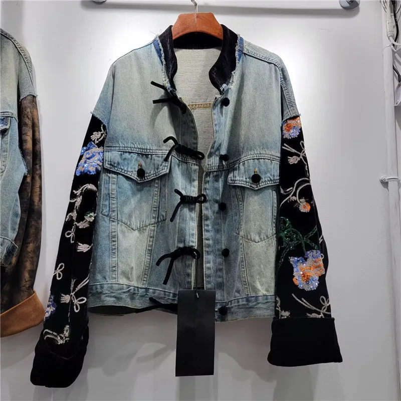 

Embroidery Splicing Pleuche Sleeve Stand Collar Denim Jacket Women Loose Short Cowboy Outerwear Big Pocket Jeans Jacket Female