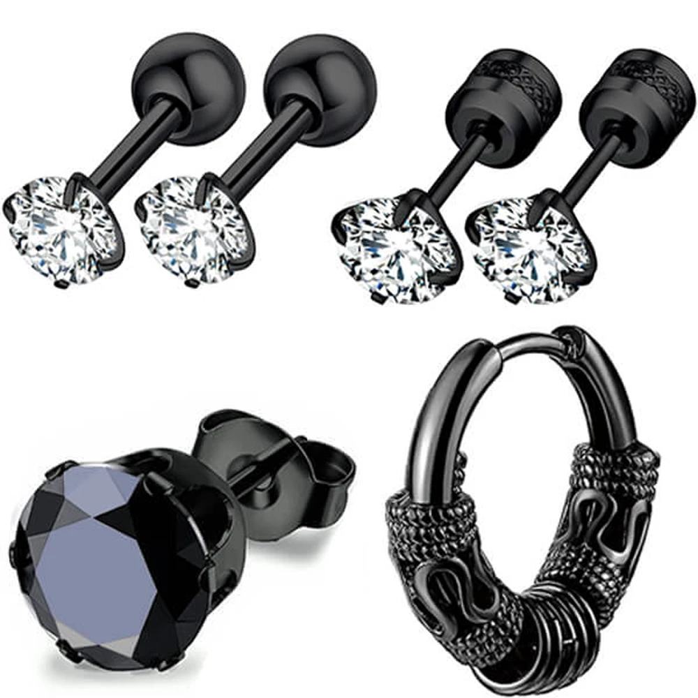 1-16 Pairs Men's Black Earrings and Ear Stud Kit Stainless Steel Fashion Piercing Jewelry Cross Dangle Hoop Earrings Set 4