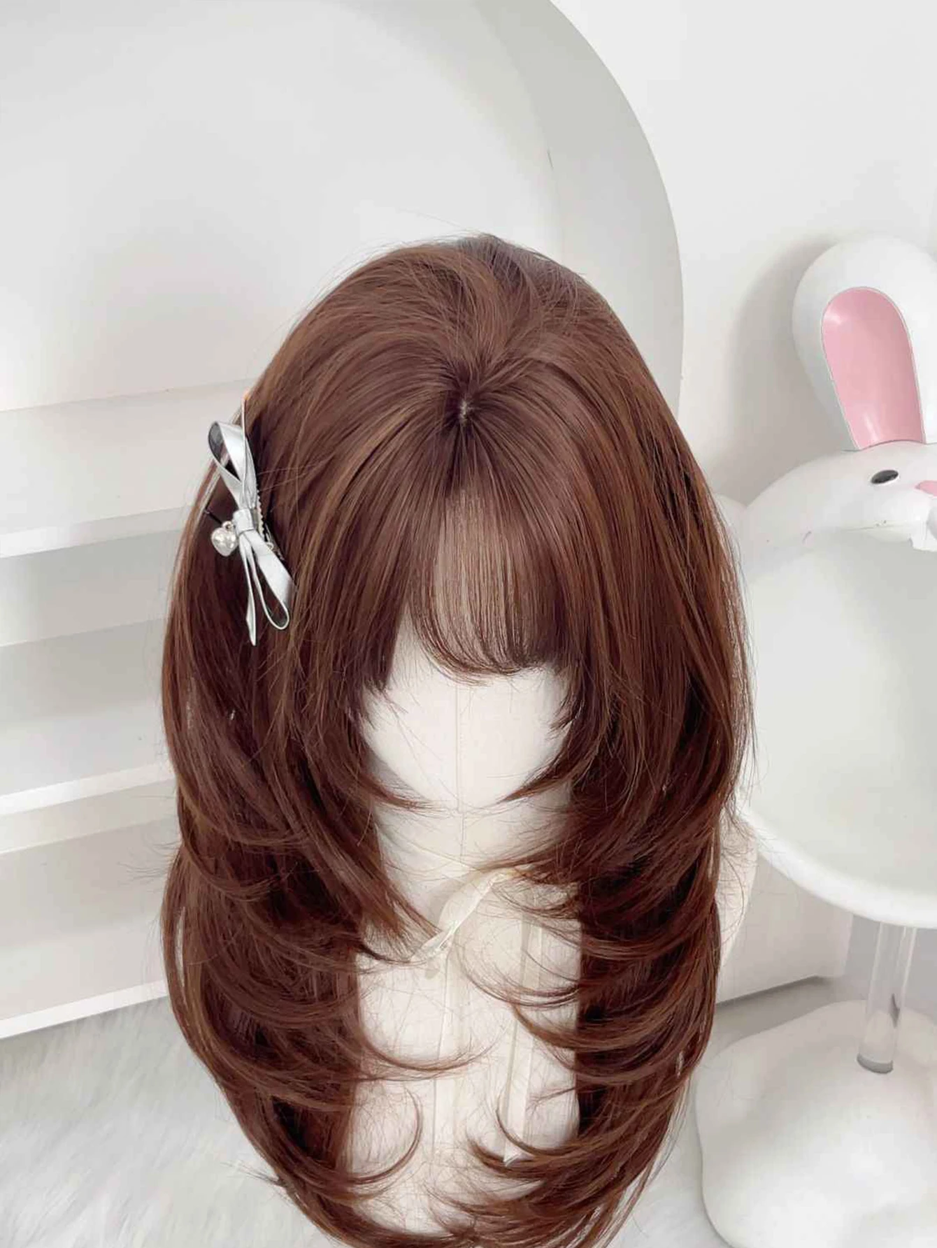 Brown Synthetic Wig for Women with Wavy Hair and French Bangs
