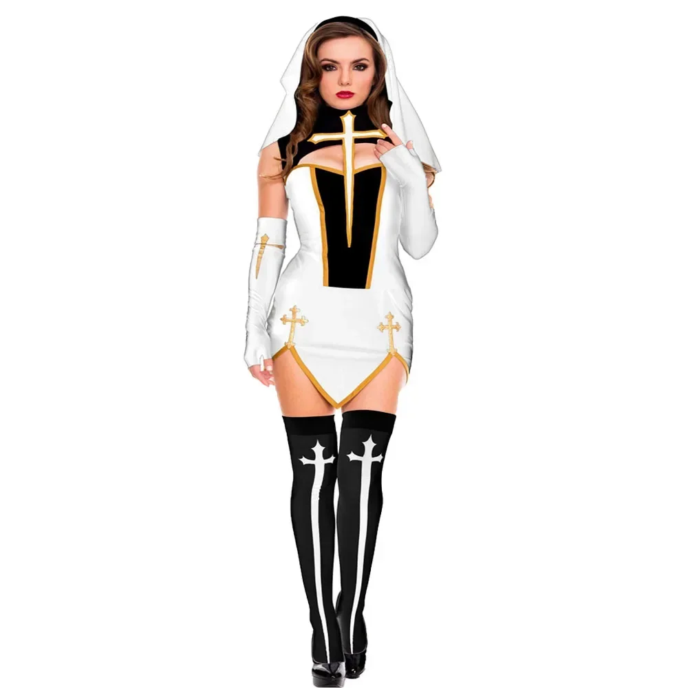 Women\'s Sexy Nun Cosplay Costume Adulto Purim Carnival Halloween Fantasia Fancy Dress Up