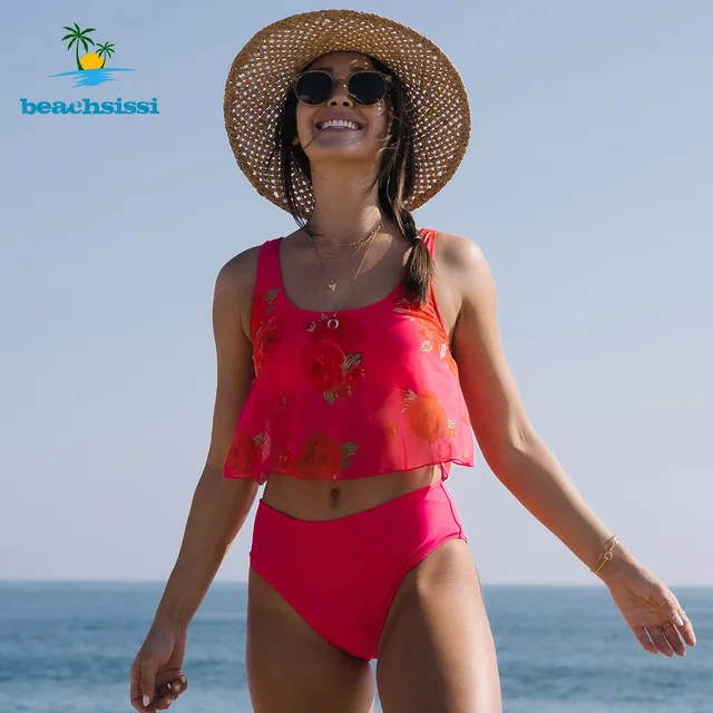 Beachsissi Women 3 Piece Floral Print Tankini Set Rose Red Mesh Bikini Swimwear  Cute Ruffled Swimming Swimsuit Beachwear - AliExpress