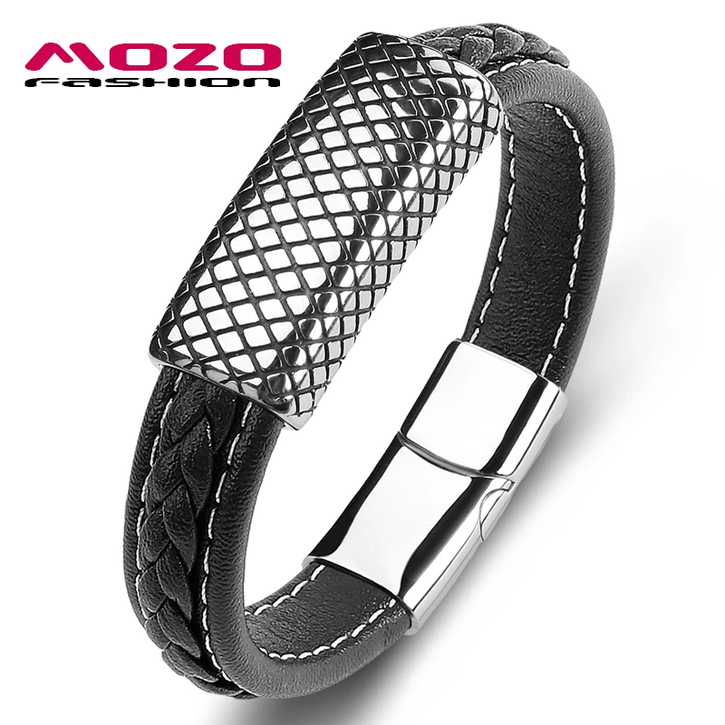 MOZO 패션 남성용 클래식 포맷 가죽 팔찌, 스테인레스 스틸, 심플한 하이 퀄..