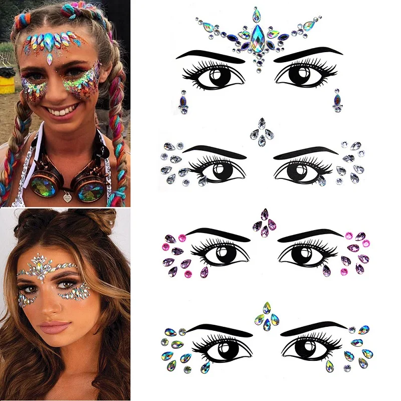3D Rhinestone Bright Face stickers for festival Glitter Makeup Jewelry Sticker on Face crystals Gems jewels diamonds decoration 3