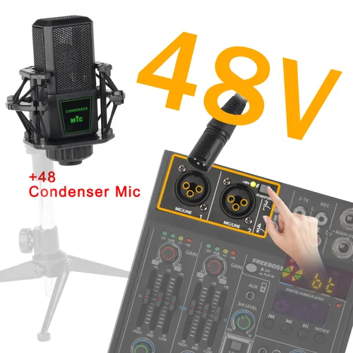 FREEBOSS 4 채널 믹싱 콘솔, 5.0 블루투스 RCA 3.5 입력, 사운드 오디오 믹서, USB PC 녹음 재생, 웨딩 파티 AM-M1, 48V 4