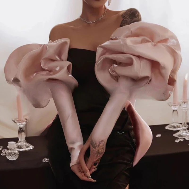 long-sleeves-pink-blended-women's-wedding-dress-photo-studio-modeling-arms-hiding-props-gloves-oversleeves-clothing-accessories