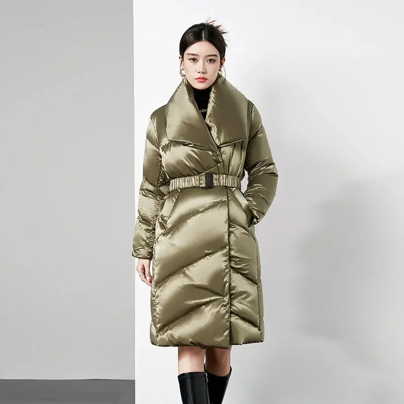 

Down jacket long solid color loose waist thick warm lapels high-end fashion glossy white duck down ladies coat.