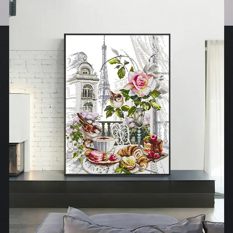 Cross Stitch Kit DIY French Breakfast and Flowers Pattern Aida 14CT 11CT Count White Fabric Embroidery Kit Gift cross stitch kit
