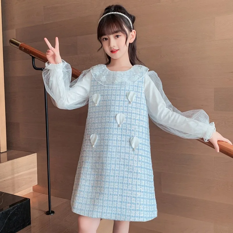 

Children Clothing Sets for Girls Spring Autumn Puff Sleeve Shirt and Plaid Sundress Outfits Fashion Lace Lapel Kids Clothes