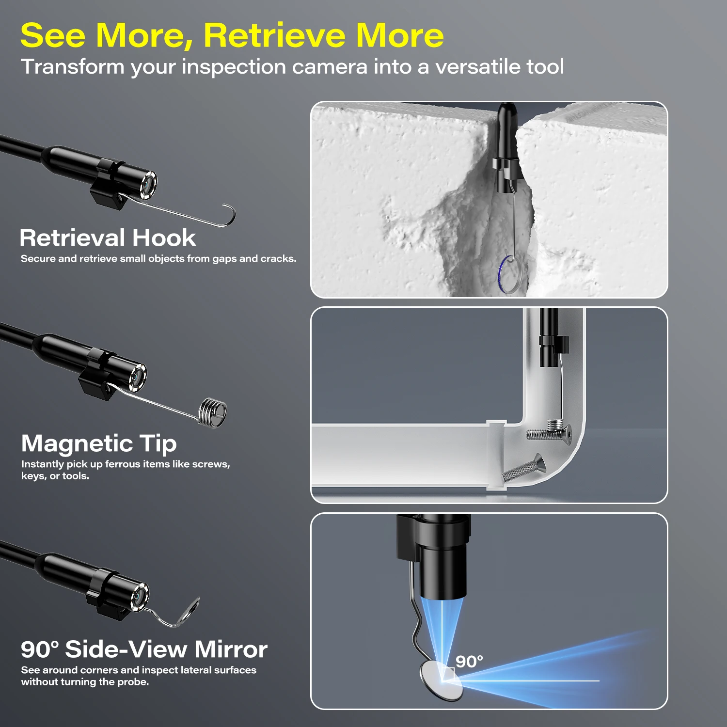 4.3'' IPS Screen Industrial Endoscope 8MM Probe 8LEDs Car Inspection Borescope Waterproof Plumbing Camera 2600mAh 5M Rigid Cable 6