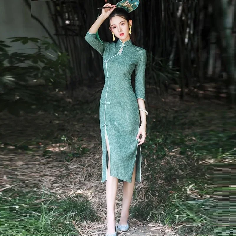 

Ao Dai Dress Cheongsam Sexy Oriental Dress Midi Elegant Chinese Dresses 2020 Japanese Style Qipao Dress Vietnam Clothing FF2765