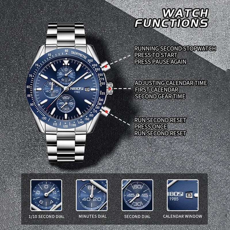 NIBOSI Fashion Blue Quartz Watch for Men Stainless Steel Waterproof Luminous Sports Chronograph Watches Mens Relogios Masculino