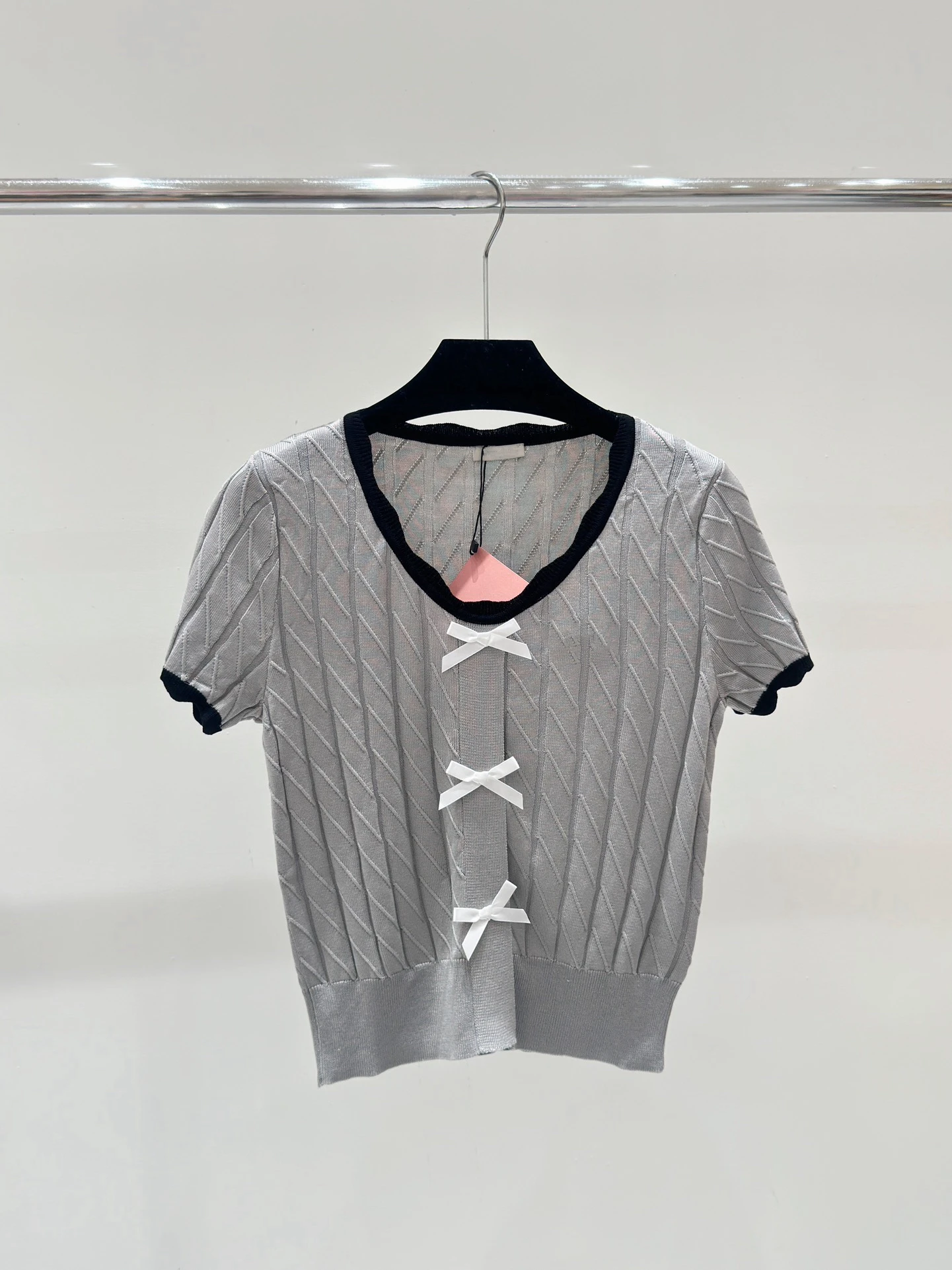 

Female, spring and summer new, color contrast edge bow knit short sleeve, thin, round neck, girly style