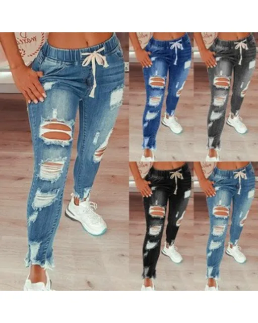 Women's S-5XL Size Tight Waist Jeans Women's Mid Waist Lace up Slim Fit Elastic Feet Pants Perforated Denim Pants