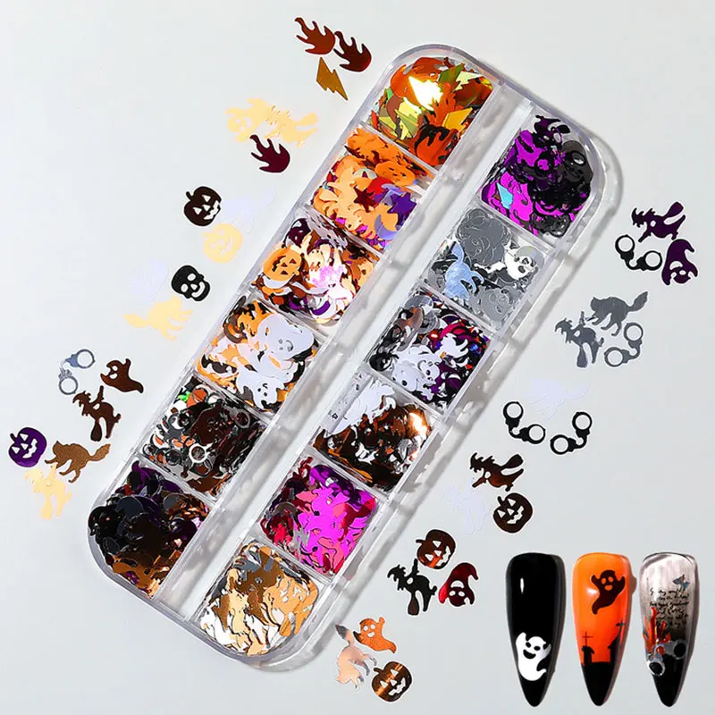 

Nail Art Ornament Halloween Glitter Sequins 3d Holographic Skull Spider Pumpkin Bat Witch Ghost DIY Nail Art Nail Art Decoration