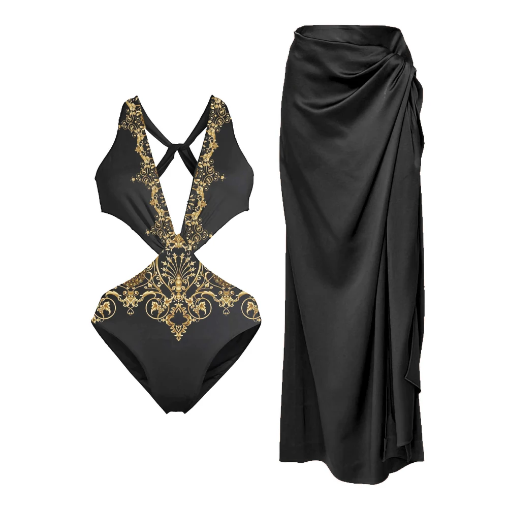 

Black Print Deep V-neck Sexy Hollow Bikini One-piece Women's Cross Waist Halter Swimsuit 2023 Solid Color Irregular Strap Cover