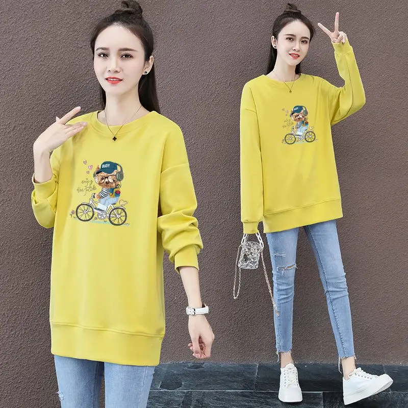 Mom Outfit Spring and Autumn New Crew Neck Large Size Sweatshirts Solid Color Little Bear Embroidery Splicing Mid-length Tops