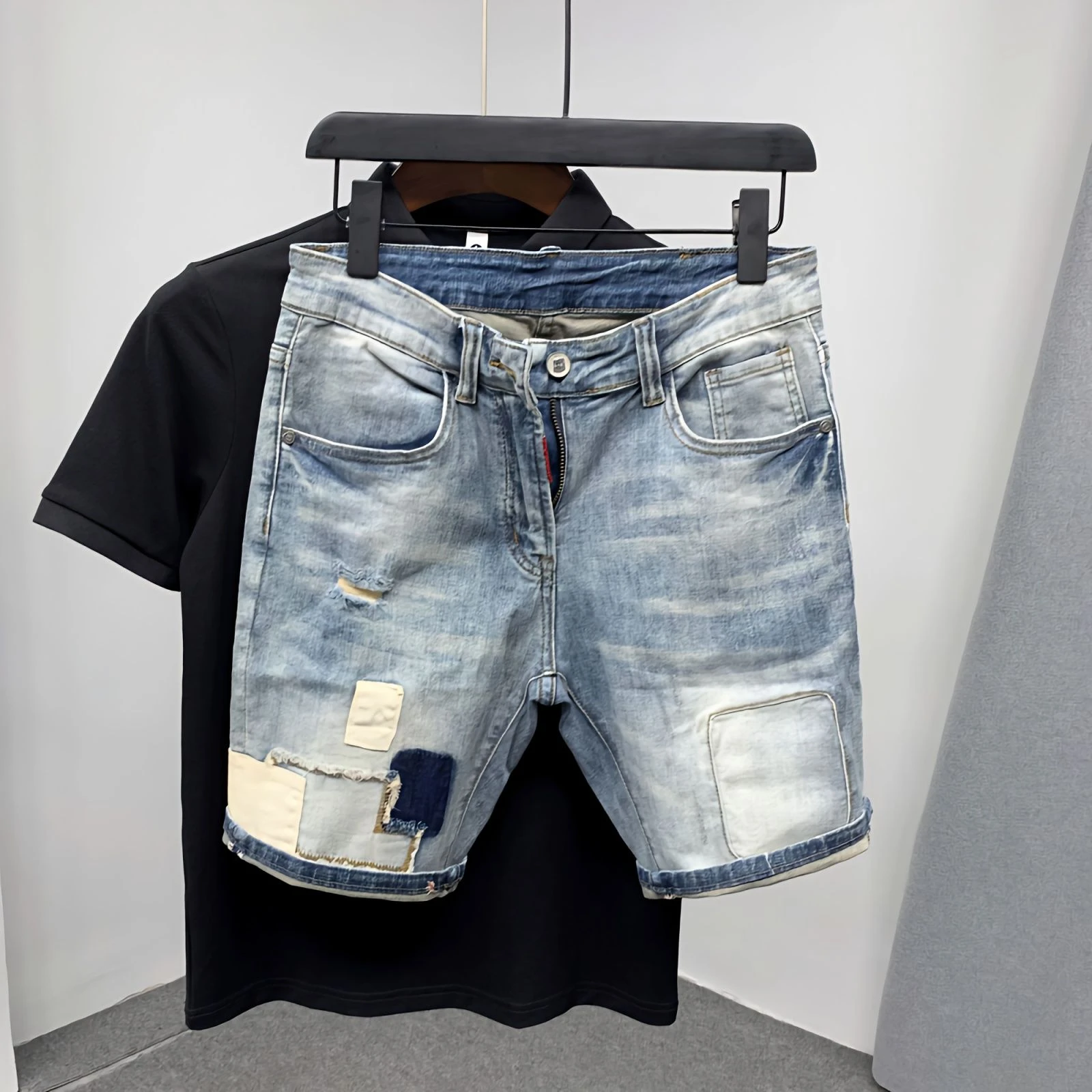 

Джинсовые шорты мужские в стиле пэчворк, рваные штаны из очень микро джинсовой ткани, Стрейчевые дизайнерские, в стиле Харадзюку, корейская мода, ретро, на лето