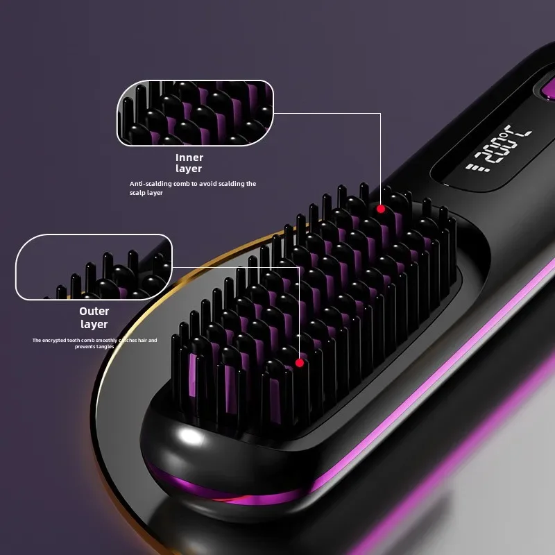 LCD Straight Hair Comb Portable Travel Hair Straightener Anti-Scald Heated Styling Brush USB Charging Cordless Straightener